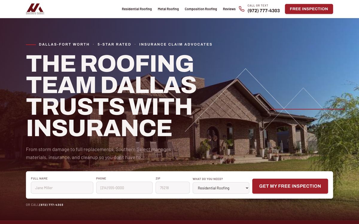 Homepage we built for Southern Select Roofing